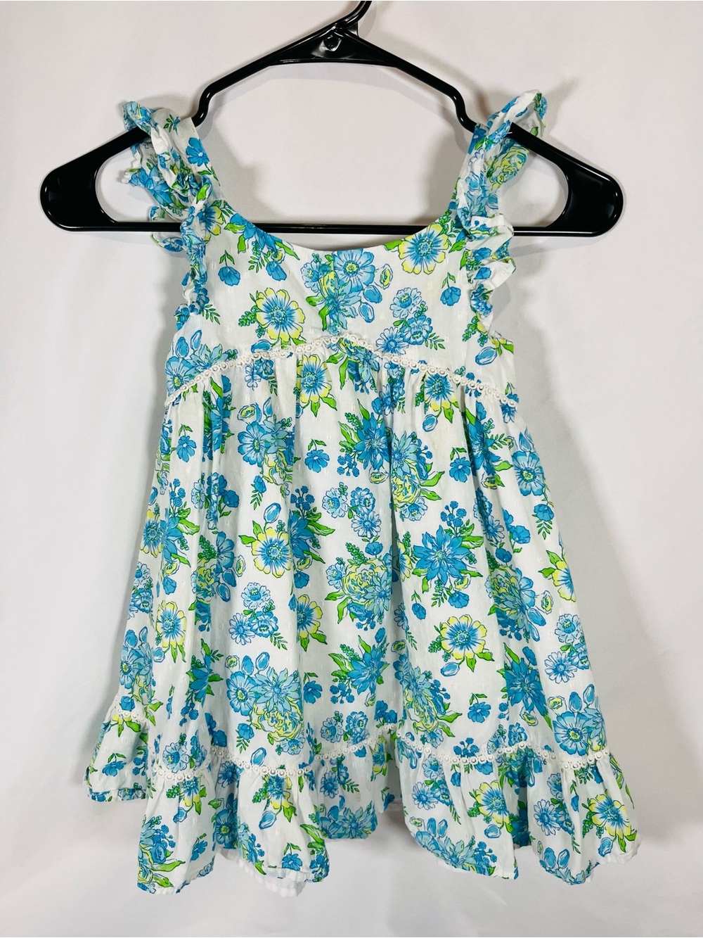 Girls White Dress with Blue & Green Floral Print